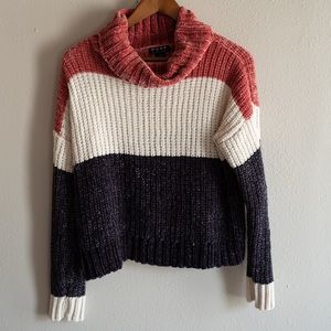 Pink and Grey Cropped Turtleneck Chenille Sweater.